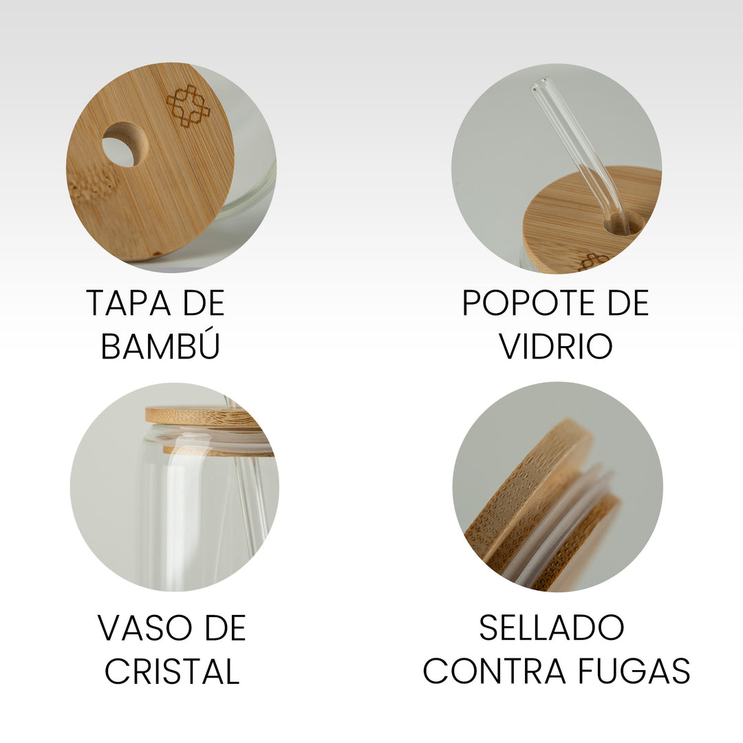 Juego de Vasos de Vidrio de 500ml con Tapa de Bambú y Popote